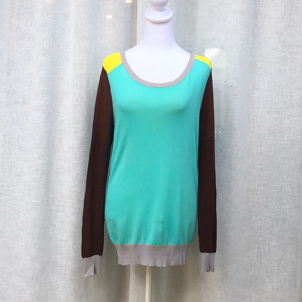 SI-IAE viscose long sleeve color block turquoise sweater, Sz S